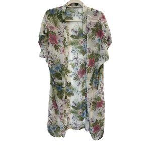 Liberty Love Floral Kimono Cardigan Sz Large Sheer Open Front Tropical Bohemian